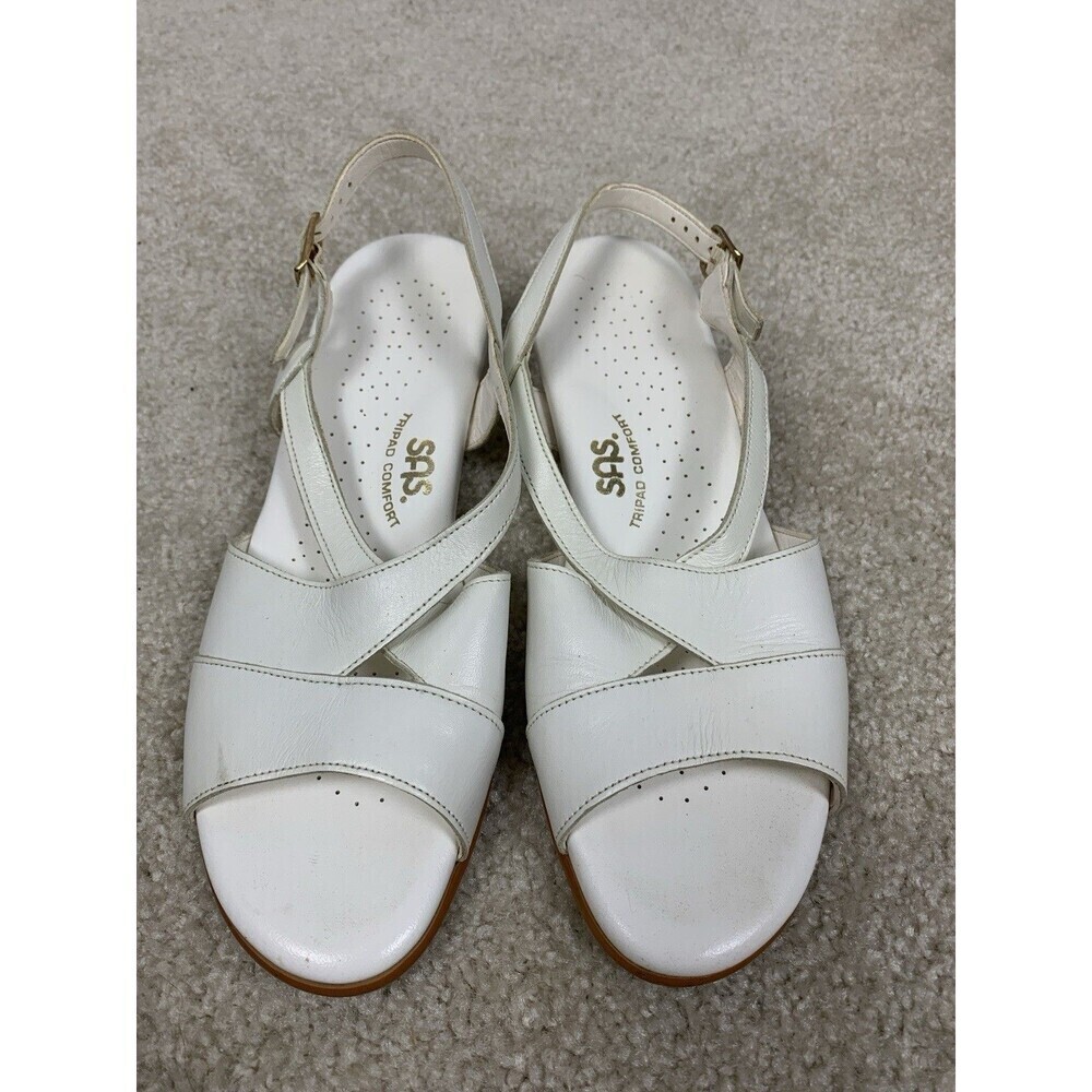 SAS Caress Crossstrap Size US 7.5S Sandals White Leather Buckle Tripad Comfort